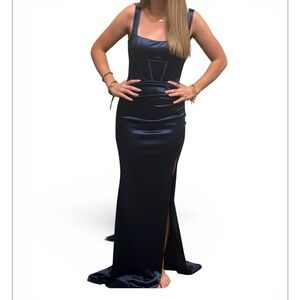 Windsor Midnight Blue Satin Square-Neck Gown